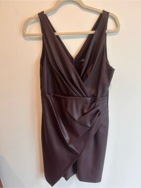 Guess Brown Faux-Leather Draped V-Neck Mini Dress